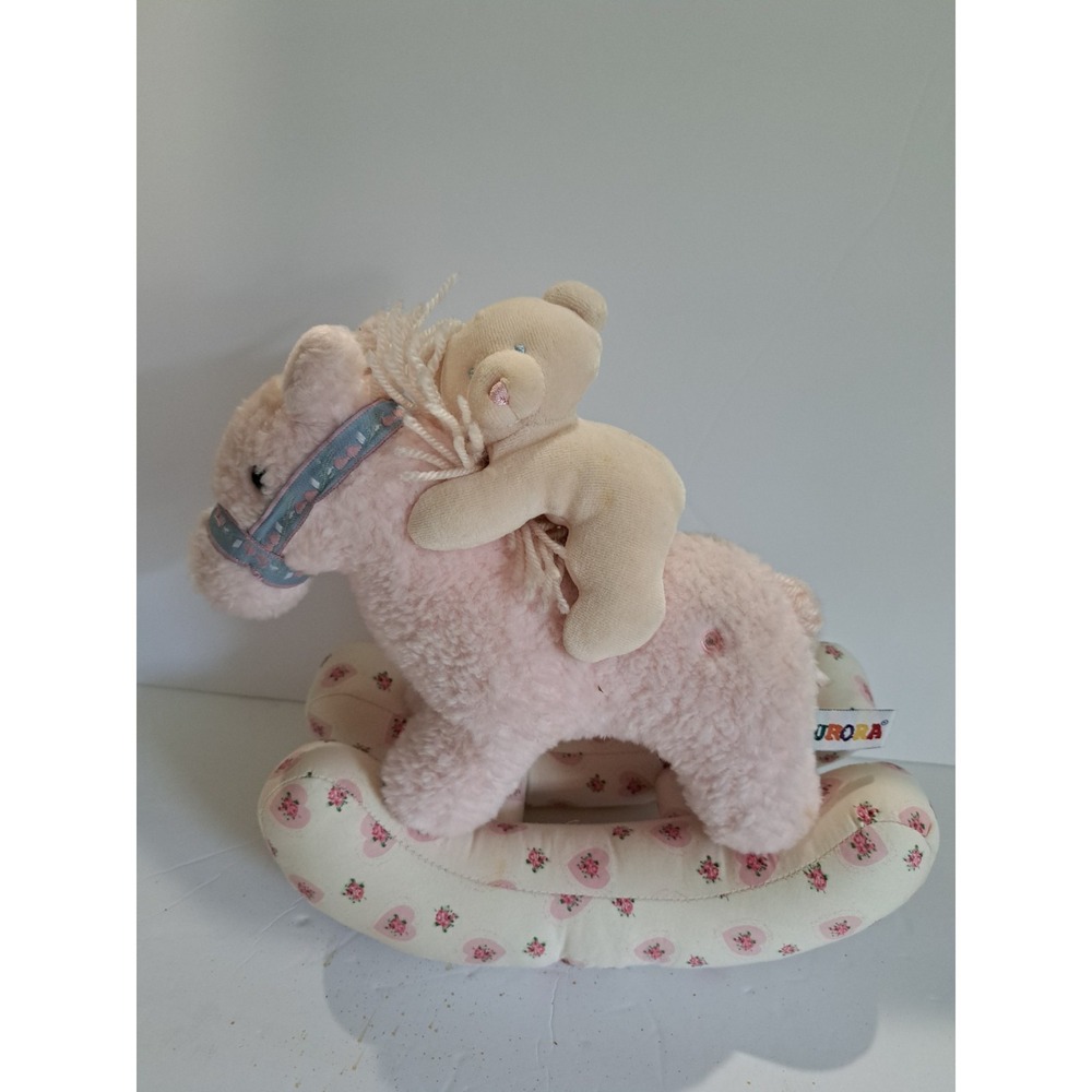 Baby Aurora Musical Rocking Horse Plush W/ Bear Pink‎ Floral Heart Victorian VTG